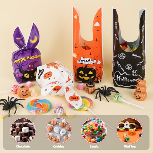 100PCS Halloween Treat Bags with Bunny Ear Ties, Ghost Castle Designs | Thick plastic goodie bags, 2 Halloween designs, ideal for candy, party favors, classroom exchanges and trick-or-treat - color: White & Black