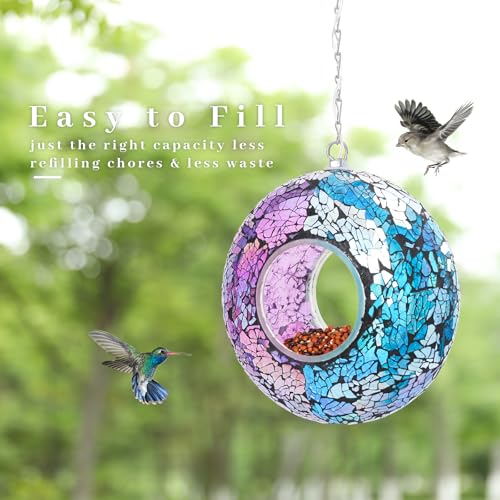 VCUTEKA Mosaic Bird Feeders, Solar Fly Through Birdfeeder for Garden Decor | 8" Mosaic Bird Feeder for Outside Hanging Round Shape Glass Container to Attract Wild Bird Feeders for Garden Bird Lovers - color: Blue&Purple