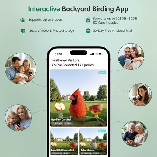 Avinory Smart Metal Bird Feeder with Camera 2.5K HD, Solar Powered AI Bird Identifier 10000+ Species, Wireless,Live Stream&Color Night Vision,Squirrel Proof for Outdoor Birds Watching Gift, 32GB Card