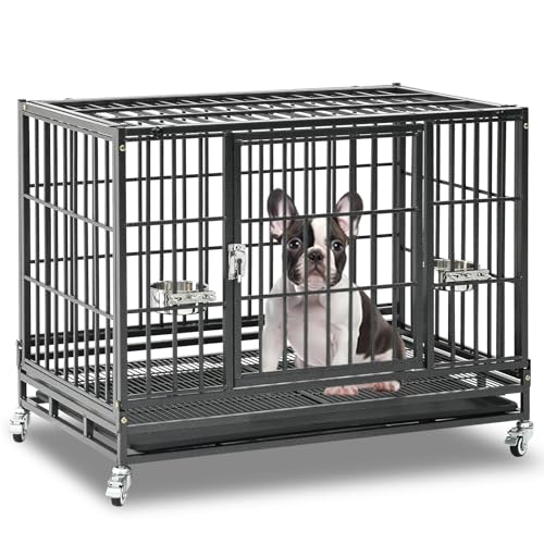 Homey Pet 37 Inch Heavy Duty Dog Crate for Medium Dogs | Stackable Dog Cage Kennel with Four Lockable Wheels, Removable Tray & Grid, Open Top, Escape Proof Dog Kennel Indoor - size: 37.0"L x 22.5"W x 29.2"H