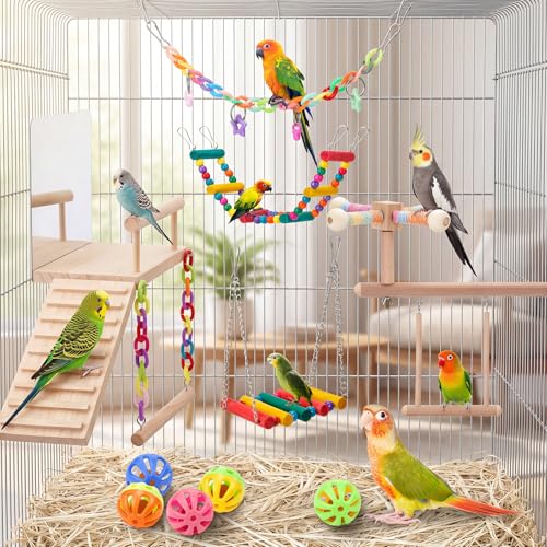 13 Pcs Bird Parakeet Toys, Bird Perch Platform Swing Mirror Ladder with 360° Spin Function, Hanging Parakeet Swing Birds Cage Accessories Toys for Cockatiel Lovebird Parrot