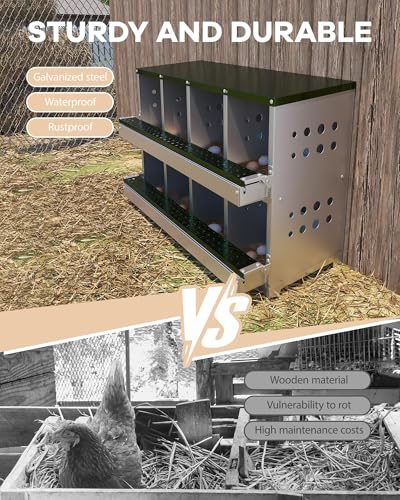 Chicken Nesting Box, 8 Compartment Metal Nesting Box, Wall Mountable Nesting Boxes with Swing Perch and Roll Away Egg Collection, Vented Holes, 8 Training Eggs Included - color: Green