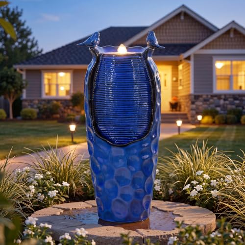 Autodaya 33" Vase Ceramic Outdoor Water Fountain with Lights and Birds | cobalt blue glazed water feature with textured design, ambient soothing cascading water flow for garden patio yard sanctuary - color: 33"h-hammered Cobalt Blue