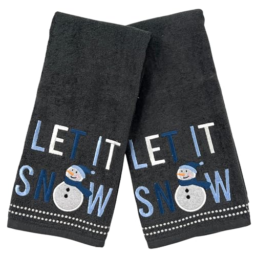Christmas Bathroom Hand Towels- Set of 2 100% Cotton Dark Gray Winter Embroidered Snowman Let it Snow Design- 16 x 25 Festive Bath & Kitchen Decor - color: Let It Snowman