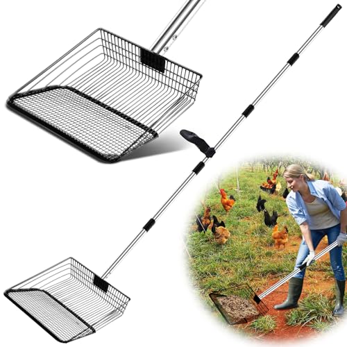 Chicken Coop Scoop, Chicken Poop Scooper for Sand, 10" Wide Heavy-Duty Metal Head, Stainless Steel Handle (36"-68") Ergonomic Chicken Sand, Poop Cleaning Tool, Chicken Coop Essentials