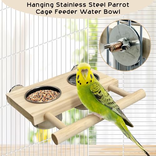 Tfwadmx Bird Feeding Dish Cups with Wooden Platform Hanging Stainless Steel Parrot Cage Feeder Bowl Wood Perch Stand for Parakeet Cockatiels Lovebirds Budgie (Small) - size: Log Perch