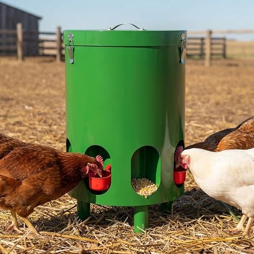 Green Chicken Feeder and Waterer Set-4 Gal/39.8 LB, Metal Chicken Feeders No Waste with 4 Cups, 4 Feeder Ports, Lid, Portable Gravity Chicken Feeder Automatic for Outdoors & Poultry