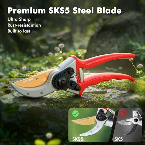 RESTMO Pruning Shears, 8.6 Inch, Titanium Blade, Bypass, Red | Professional garden shears. Premium SKS5 steel blade. Forged aluminum handles. Long-lasting sharpness. For gardening. - size: Garden Pruning Shears（Red）
