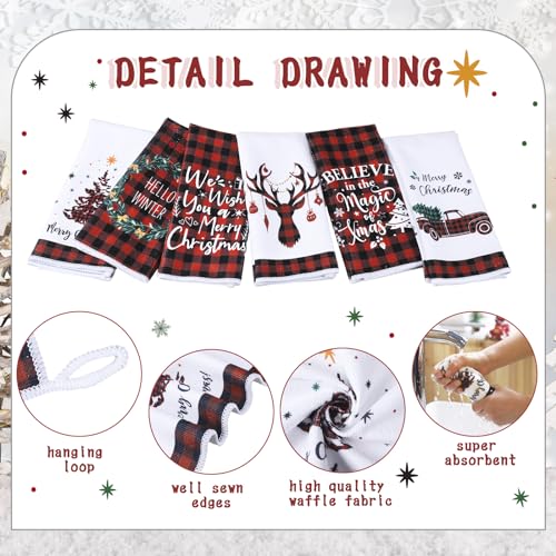 Oudain 6 Pcs Christmas Kitchen Towels Christmas Hand Towels Red Black Buffalo Plaid Xmas Tree Elk Dish Cloths Winter Garland Truck Decorative Tea Dishcloths for Home Kitchen Bathroom Xmas Gifts - color: Plaid