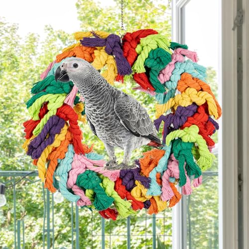 Parrot Swing for Large Birds | Colorful cotton rope hanging ring. Fits African Grey, Cockatoo, Conure, Parakeet. Encourages chewing, exercise, snuggling. - size: Parrot Swing