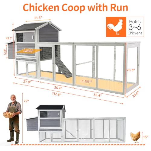 113inch Chicken Coop, Large Wooden Chicken Coop with Nesting Boxes & Run Cage for 3-6 Chickens, Outdoor Hen House Poultry Hutch Rabbit Cage with No-Slip Ramp & Pull-Out Tray for Backyard Farm (Gray) - color: Gray