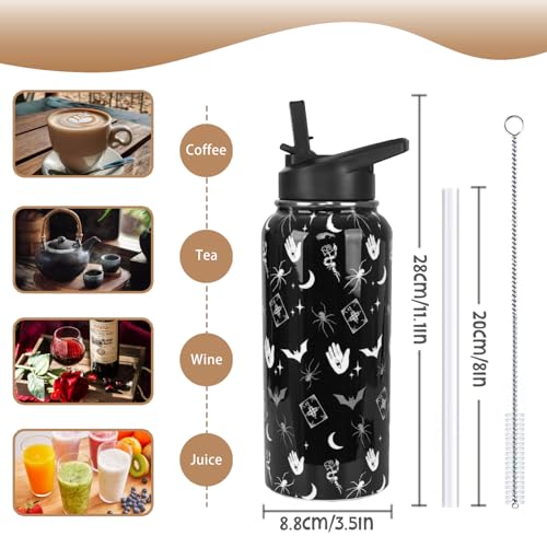 Goth Water Bottle with Straws Insulated Bottle Halloween Gothic Bats Travel Thermal Double Walled Vacuum Cup Leak Proof Stainless Steel Tumbler Witchy Decor Gifts-32 oz - color: Black