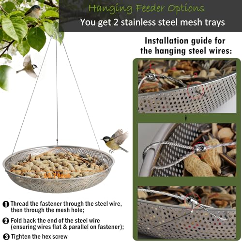 13-Inch Ground Feeding Platform for Birds, Squirrels, Ducks, Chicken, Stainless Steel Bird Feeders Combination with Additional Hanging Mesh Tray, Attracting Small Creatures for Backyard, Patio - color: bird feeder set