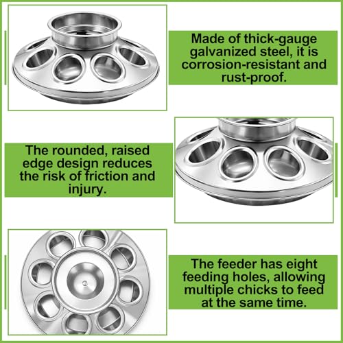 Potchen 2 Pcs Baby Chick Feeder Base, Galvanized Steel Poultry Feeding Tray with 8 Holes, 1 Quart Compatible with Mason Jars & Standard Feeder Jars for Small Birds Chicks - style: Feeder