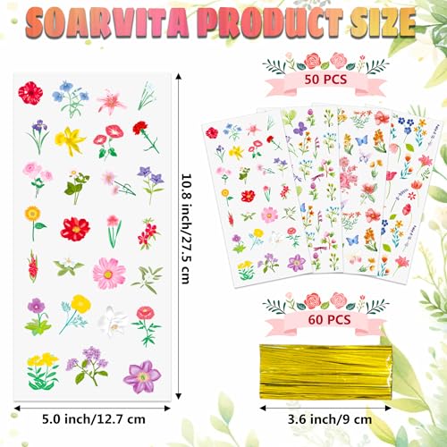 Soarvita Wildflower Cellophane Treat Bags: 50Pack Clear Plastic Floral Goodie Bags with 60 Ties for Cookies Snacks & Gift Packaging, Spring Candy Bag for Baby Bridal Shower Wedding Party Favors - color: Floral-50pcs