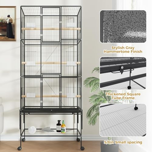 69 Inch Tall Parrot Cages for Large Birds, Three-Level Rolling Parakeet Cage with Storage Shelf Perches Feed Bowls, Bird Flight Cage, Large Bird Cages for Parrots Macaws Conures Cockatiels Parakeets