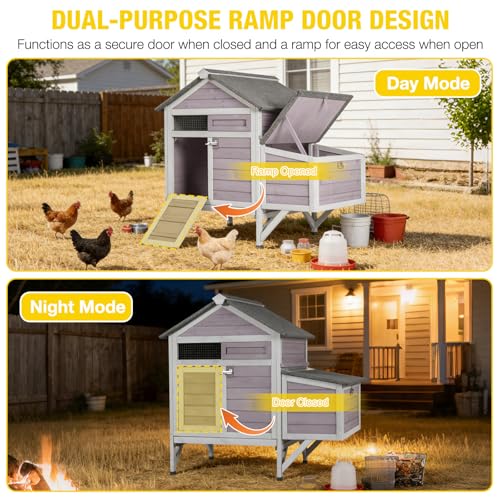Aivituvin Chicken Coop with Nesting Box and Stand, Outdoor Elevated Hen House Wooden Poultry Coops with Weatherproof Asphalt Roof, Leakproof Pull-Out Tray for 2-3 Chickens, Ducks - Grey - size: 40.9"L x 27.4"W x 38.6"H