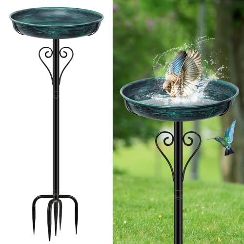Metal Bird Bath for Outside, Vintage Freestanding Birdbaths with Metal Stake, Upgraded 5 Pronged Base Birdfeeder Feeder Bowl for Outdoors Garden Patio Yard Lawn Decor (Vintage Green) - color: Vintage Green