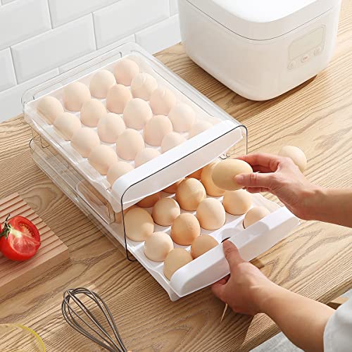 HOMQUEN Egg Holder, Clear Plastic - 2 Layer/40 Grid Egg Tray & Fresh Storage Box for Fridge
