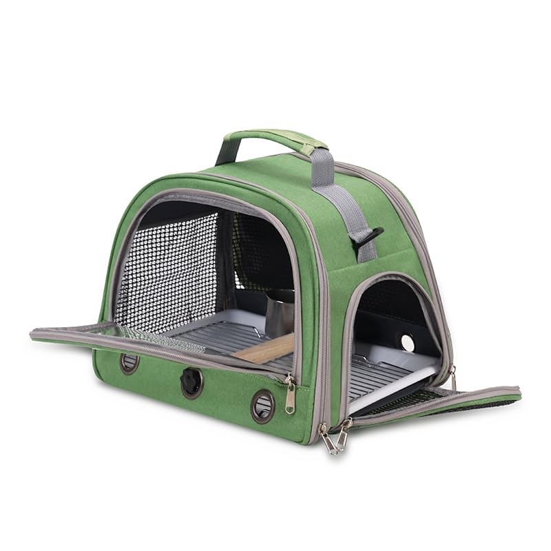 Bird Travel Carrier Bag, Portable Small Bird Parrot Parakeet Carrier | with Standing Perch and Tray, Side Access Window Collapsible Bird Carry Transport Bag for Vet Visit(Green)