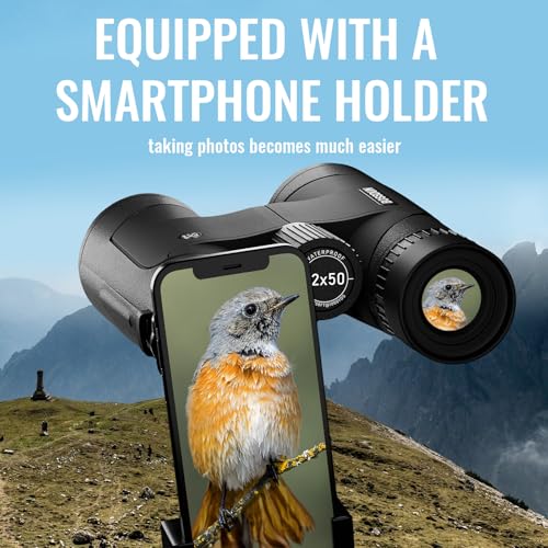 12x50 HD Optics Binoculars for Adults with Upgraded Phone Adapter, Tripod and Tripod Adapter - Professional Waterproof Binoculars with BaK4 prisms and Large View for Bird Watching,Hunting - color: Brownish black