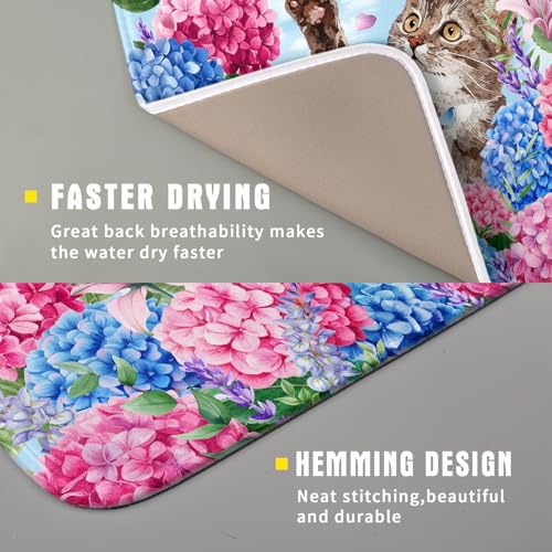 Hydrangea Floral Dish Drying Mat Cute Cat Microfiber Absorbent Dish Drying Pad for Kitchen Counter 16 X 18 - color: Colorful Hydrangea Cat, size: 18" x 16"