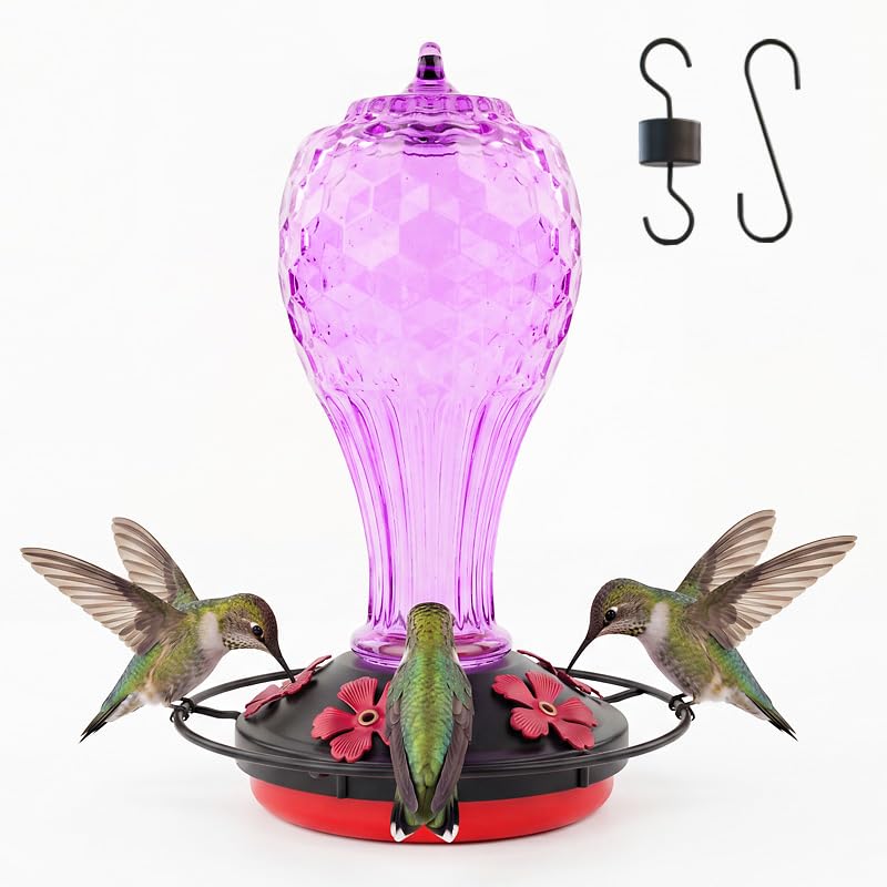 Hummingbird Feeder Colorful Blown Glass Outdoor Hummingbird Feeder with Ant Moat and 5 Feeding Ports for Outdoors Hanging Garden Decor, Bird Lovers (Purple) - color: Purple