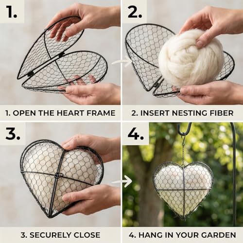 Handmade Alpaca Fiber Bird Nesting Heart - Refillable Bird Nesting Material Holder with Alpaca Wool for Bird Nesting - Outdoor Garden Dispenser & Nesting Material for Wild Birds (1 Set)