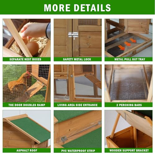 80” Chicken Coop, Waterproof Wooden Hen House for 2-4 Chickens, Outdoor Chicken House with Nesting Box, Removable Tray, PVC Cover, Run, for Garden Backyard Cage - size: 80.8"L x 26.0"W x 44.5"H