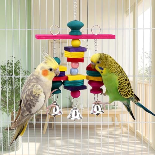 Hypeety Parrot Hanging Swing Bells Chew Toy Colorful Hanging Wood Block Natural Birds Toy for Parrot Macaw African Greys Cockatiels Budgies Conure Cage - color: Wooden Hanging Swing