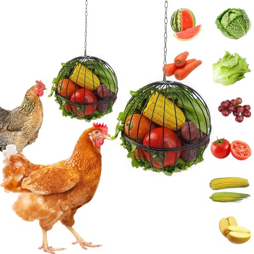 Hanging Chicken Feeder - 7.1 Inch Large Iron Chicken Veggie Treat Ball - Sturdy Chicken Treat Holder with 15.7 Inch Hanging Chain (2PCS Black) - color: 2PCS Black