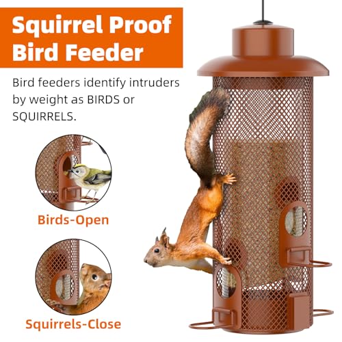 Metal Squirrel Proof Bird Feeder,Bird Feeders for Outdoors,Weight Activated Squirrel Proof Wild Bird Feeders with Finch Cardinal Chickadee,Large Capacity,Weatherproof and Durable,Reddish Brown - size: 2.0 lb
