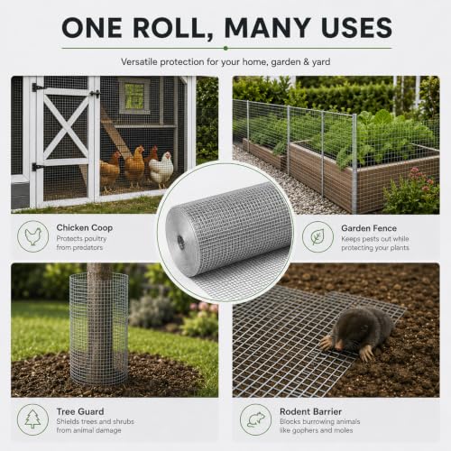 GoldPeak Galvanized Hardware Cloth 60‘’ x 50‘ with 1/2 inch Mesh 19 Gauge | Chicken Wire Fencing Garden Fencing Galvanized Wire Mesh Roll Tree Guard Snake Fence - size: 1/2 inch 60'' x 50'
