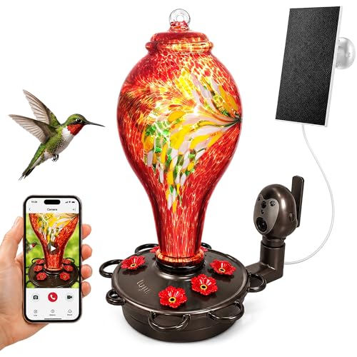 LUJII Smart Hummingbird Feeder with Camera, Hand Blown Glass for Outdoor Hanging, Solar WiFi Feeder with Live View App, 6 Feeding Ports, Leak-Resistant Design, Ant Moat & Gift Box, 36 fl oz, Red - color: Red, size: X-Large