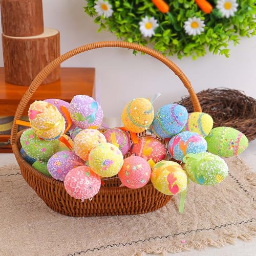 Foam Easter Egg Picks Glitter Puffy Styrofoam Stick Party DIY Craft Table Centerpiece Colorful Decoration Accessories Cake Toppers 6 Pcs