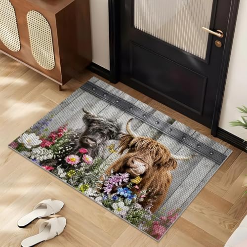 Farmhouse Kitchen Rugs Set of 3, Non Slip Washable Durable Stain Resistant Floor Mat Set,Highland Cow Floral Fence Retro Kitchen Runner Rug 16"X24"+20"X32"+20"X47" - color: Multicolour-highland Cow Floral