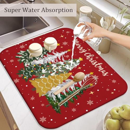 Christmas Kitchen Countertop Dish Drying Mat, Red Christmas Tree Snowflake Pattern Microfiber Kitchen Drying Mat, Washable Absorbent Countertop Xmas Winter Holiday Dish Mat Drainer,18x24Inch - color: christmas, size: 18" x 24"
