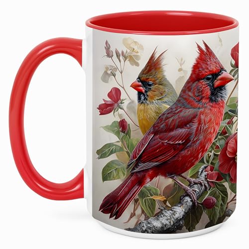 Botanical Cardinal Coffee Mug, Bird Lover Mug, Spring Garden Nature Gift for Home Office, Red Bird Pair with Floral Branch Artwork, Ceramic Red Accent Handle Cup 15 Oz Drinkware (Cardinal 15Oz) - color: Cardinal 15Oz