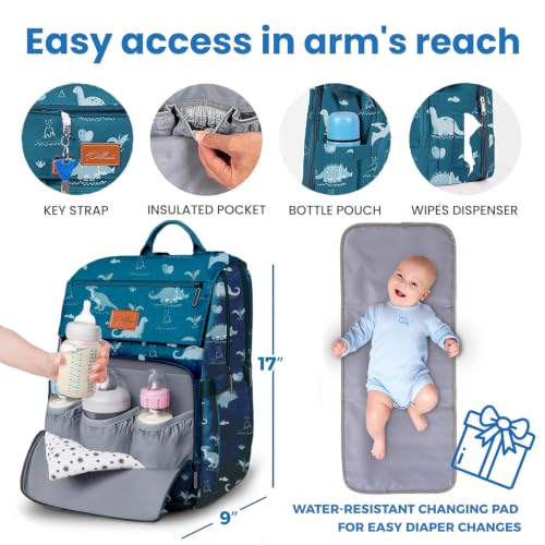 Baby Diaper Bag Backpack - Large Waterproof Travel Diaper Bag for Boys & Girls, 16 Organizer Pockets with Changing Pad, Insulated Bottle Pockets & Stroller Straps, Baby Shower Gifts, Dinosaur - color: F. Dino, style: Classic