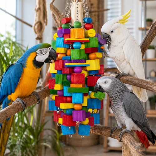 Large Bird Toy, 20 in XL Parrot Toys Natural Wood Blocks Bird Chew Toy for Foraging, Stainless Steel Chain Hanging Cage Toy for Macaws, Cockatoos, African Greys and Large Parrots-1.65 lb