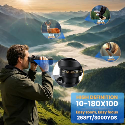 10-180x100 Zoom Binoculars for Adults, Day/Low Light Night Vision | High Powered Binoculars with BAK4 & FMC Lens, Waterproof Fogproof for Hunting Birdwatching Travel Sport Concert Gift for Men