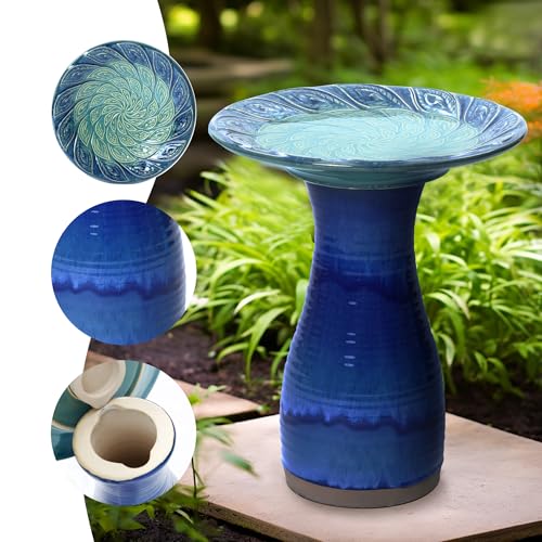 LuxenHome 20" Ceramic Bird Bath for Outside, Glazed Blue Outdoor Bird Bath | For Outdoor Use; Features a Glazed Cobalt Blue Finish, Leaf Pattern Basin, Lightweight Ceramic Design, and Tall Pedestal Base - color: Navy Blue