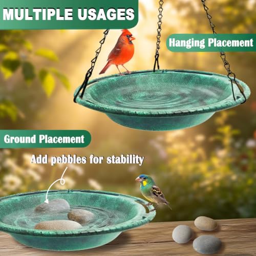 Hanging Bird Bath & Feeder Bowl, 12 in, Antique Green | Weather-Resistant PP, Backyard Garden Decor - color: Green
