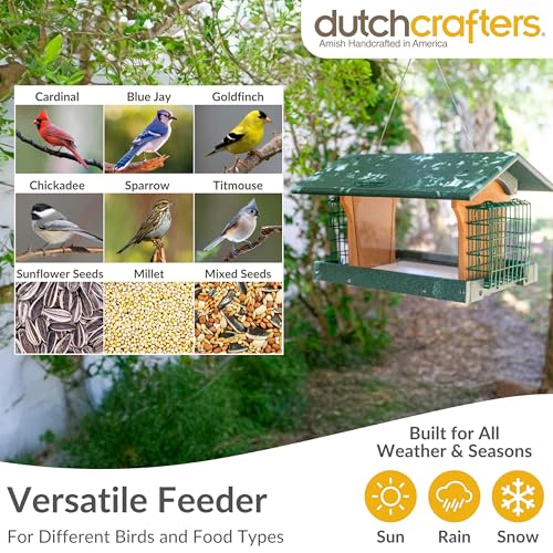 DutchCrafters Poly Hanging Large Hopper Bird Feeder with Two Suet Cake Holder Cages, Durable Long Lasting Outdoor Bird Feeder - Amish American Made in USA (Tudor Brown & Weatherwood) - color: Hanging - Tudor Brown & Weatherwood