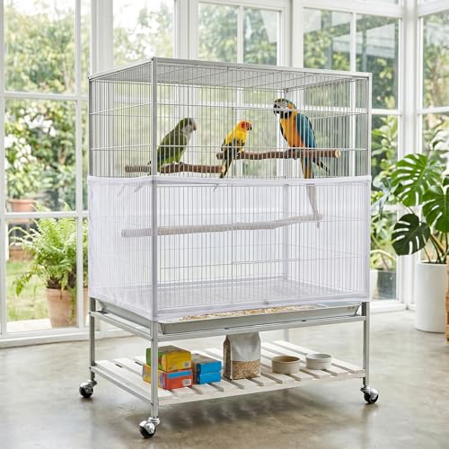 Bird Cage Seed Catcher, Bird Cage Net 90-118'' Birds Cages Cover | 31.8'' H Adjustable Soft Airy Skirt Guard Birdcage Nylon Mesh Net for Parrot Cages Seed Guard (Not Include Birdcage)- White