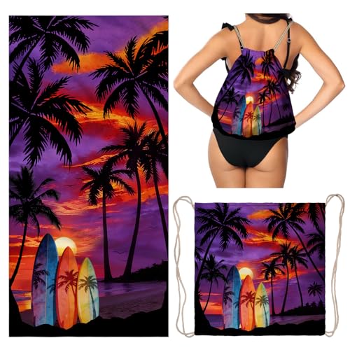 Beach Towel Backpack 2 in 1 Purple Beach Towel Coconut Tree for Holiday Surfing - color: Coconut Trees Purple