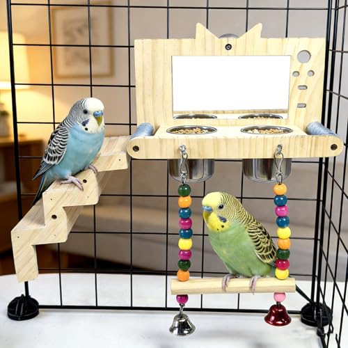 Bird Perch Platform with Mirror Ladder Swing Bowl,Parrot Play Gym Cage Toys | Bird Wood Playing Exercise Stands Perches,Parakeet Climbing Ladder Playground Cage Accessories for Cockatiel Budgie Lovebird - size: Bird Perch Platform with Mirror Ladder Swing