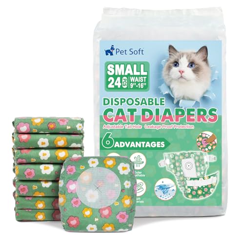Pet Soft Disposable Cat Diapers - Diaper for Female & Male Cats, Puppy Doggie Diapers for Female Dogs with Adjustable Foam Tail Hole, Small (24Pcs, GN Flowers) - size: Small (24Counts)