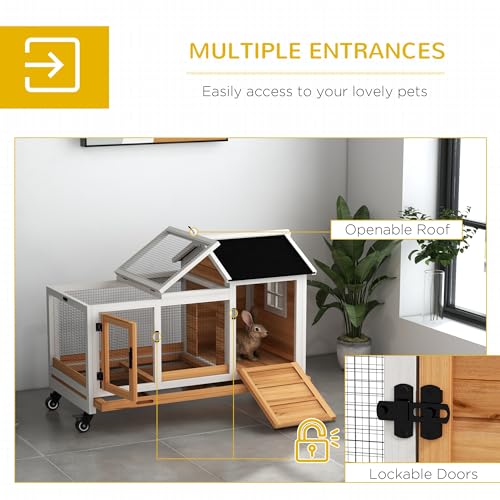 PawHut Wooden Rabbit Hutch with Wheels for Rabbits Indoor Outdoor Yellow | Large Bunny Hutch, with Run, Slide-Out Tray, for Small Animals, Chickens, Ducks, Guinea Pig - color: Yellow