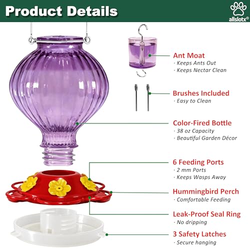 Glass Hummingbird Feeder for Outdoors Hanging, 38 oz Nectar Capacity, 6 Feeding Ports, Leak-Proof Rust-Free Plastic Base, Easy to Refill & Clean, Decorative Purple Glass Bird Feeder for Garden Patio - color: Purple, size: 38 Fluid Ounces
